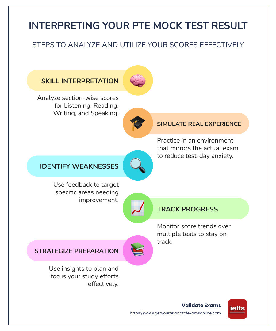 Infographic showing components of PTE mock test result interpretation, such as skills assessment, real-test simulation, weakness identification, and progress tracking over time - pte mock test result infographic infographic-line-5-steps-colors