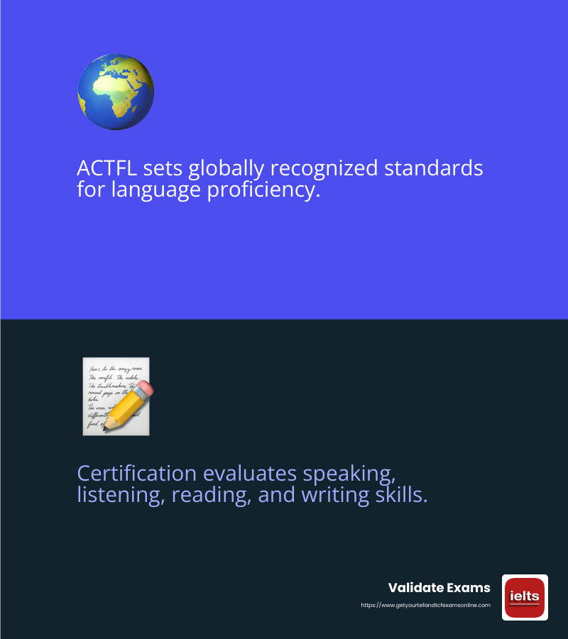 ACTFL certification is recognized worldwide for its rigorous testing standards. - verify language certificates infographic 2_facts_emoji_blue