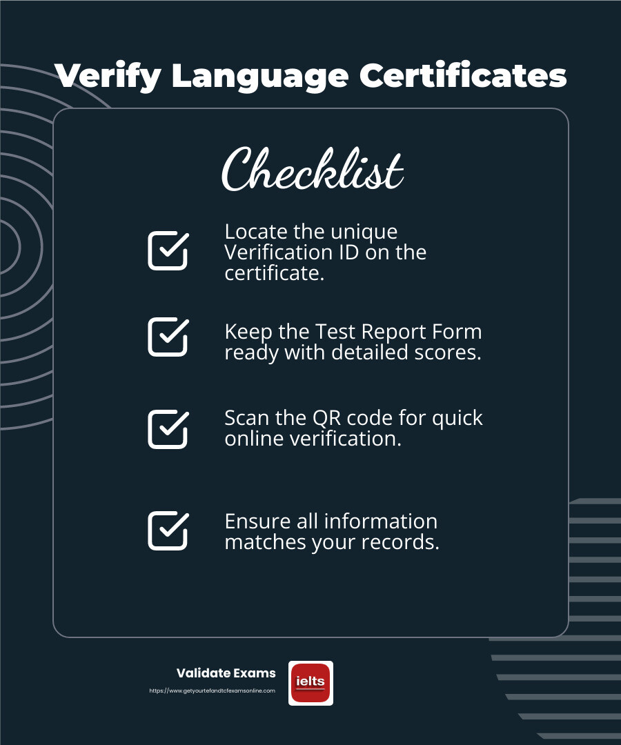 QR code scanning provides a quick and secure way to verify language certificates. - verify language certificates infographic checklist-dark-blue