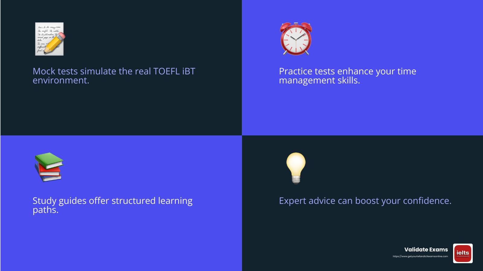 Preparation Tools and Resources - TOEFL iBT certificate online infographic 4_facts_emoji_blue