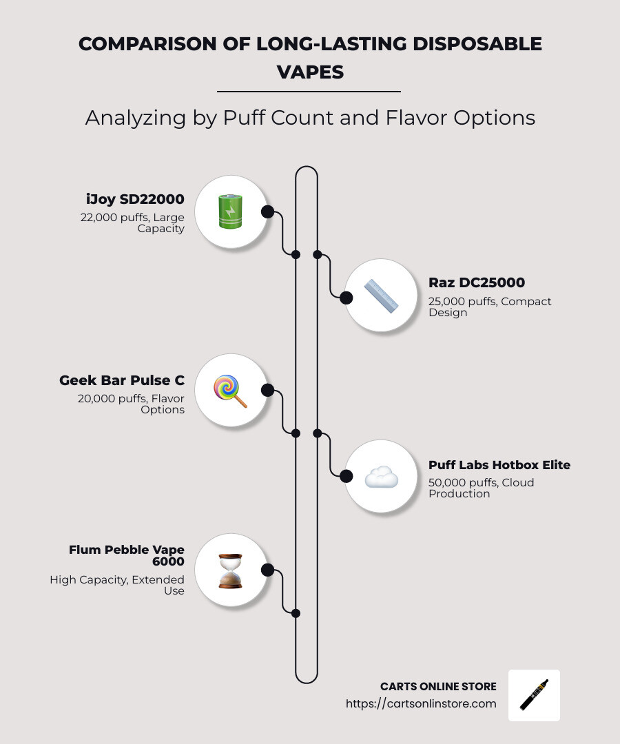 Comparison of top long-lasting disposable vapes by puff count and flavor options - Long-lasting disposable vapes infographic infographic-line-5-steps-neat_beige