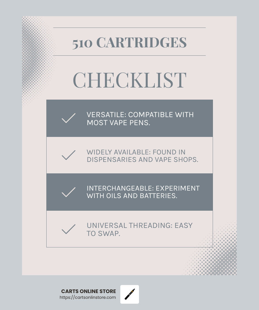 Versatility and wide availability of 510 cartridges - pre filled oil carts infographic checklist-light-blue-grey