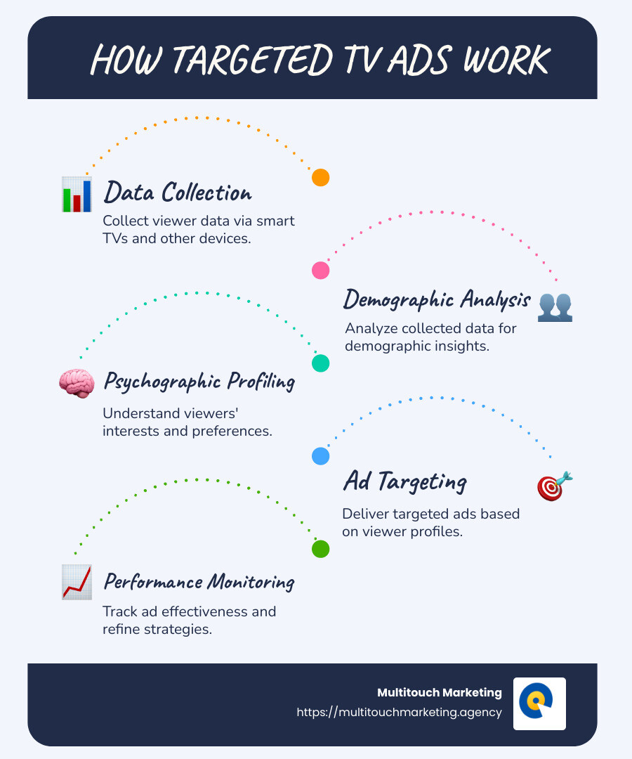 Infographic detailing how targeted ads on TV work, covering audience segmentation, data use, and ad placement strategies in a step-by-step manner - Targeted ads on TV infographic infographic-line-5-steps-blues-accent_colors