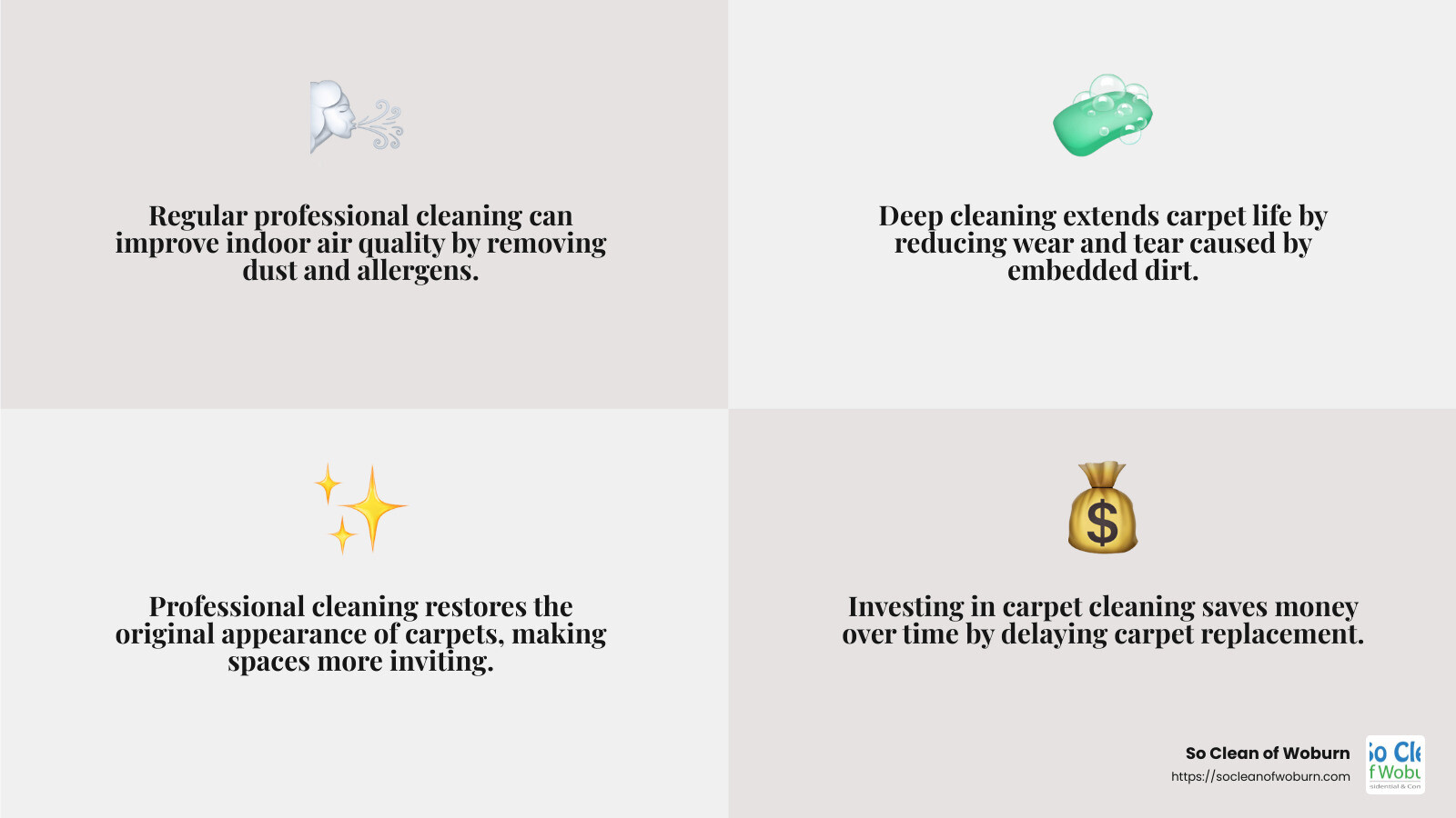 Professional cleaning can extend carpet life and improve air quality. - carpet cleaning Medford MA infographic 4_facts_emoji_grey