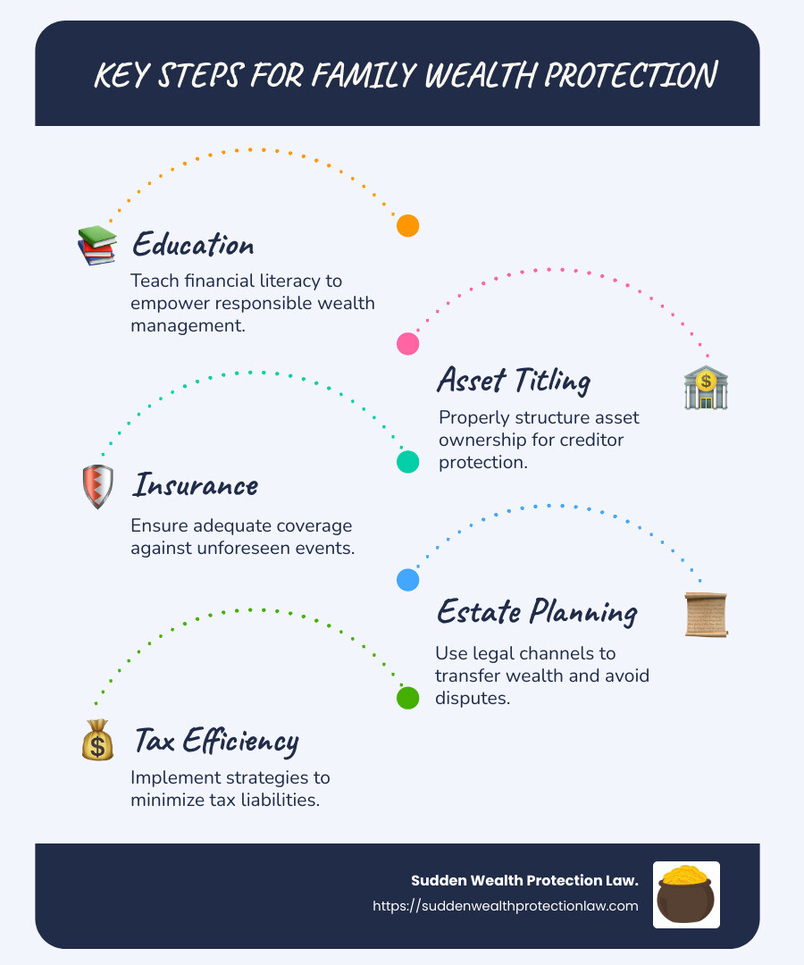 Infographic showing key steps for family wealth protection, including education, asset titling, insurance, and estate planning - family wealth protection infographic infographic-line-5-steps-blues-accent_colors