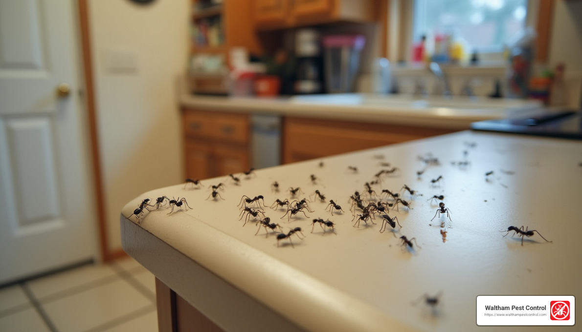 Ants crawling on a kitchen countertop - best indoor ant bait