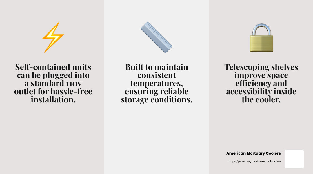 Telescoping shelves provide easy access and efficient use of space within the cooler. - mortuary coolers for sale infographic 3_facts_emoji_grey