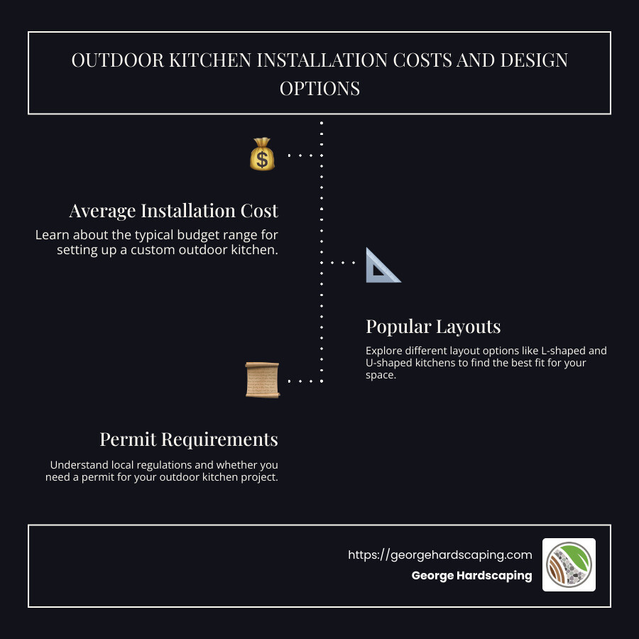 Infographic detailing cost ranges and design options for outdoor kitchens - outdoor kitchen installation near me infographic infographic-line-3-steps-dark