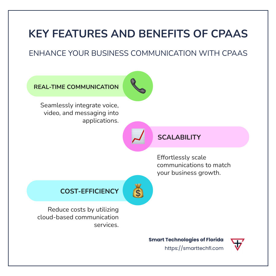 Overview of CPaaS features and benefits, including real-time communication, scalability, and integration capabilities. - communications platforms as a service infographic infographic-line-3-steps-colors