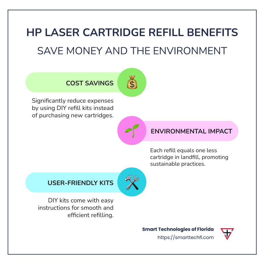 infographic on hp laser cartridge refill cost savings and environmental impact - hp laser cartridge refill infographic infographic-line-3-steps-colors