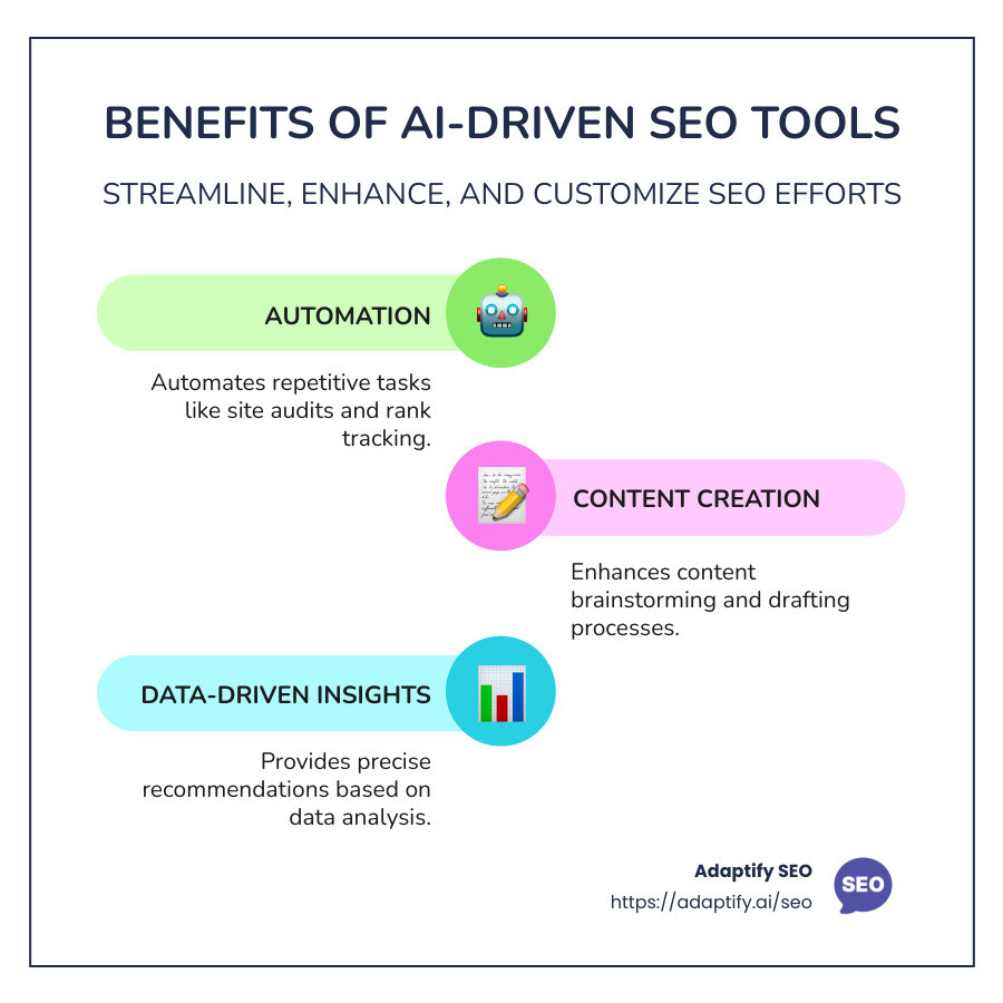 Infographic detailing the benefits of AI-driven SEO tools - ai-driven seo tools infographic infographic-line-3-steps-colors