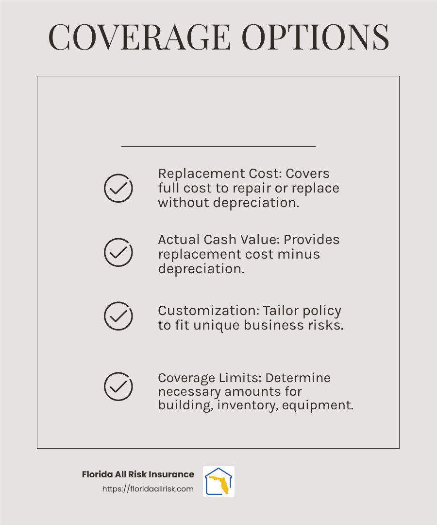 Comparing Replacement Cost and Actual Cash Value - business property insurance near me infographic checklist-light-beige