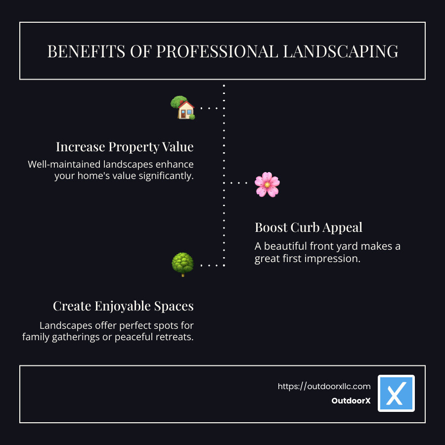 Infographic showing benefits of professional landscaping: Increases property value, boosts curb appeal, creates family-friendly spaces - landscapers hamilton ma infographic infographic-line-3-steps-dark