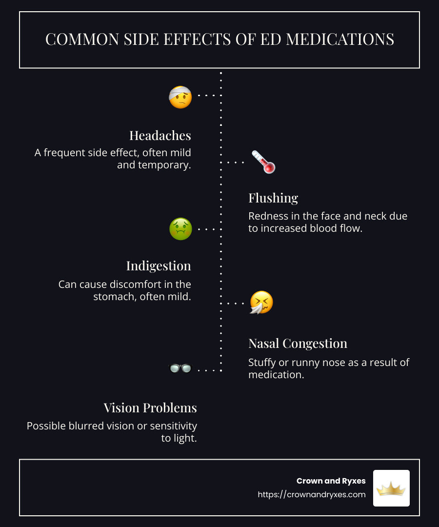 Infographic detailing common ED medication side effects, including headaches, flushing, indigestion, and more - erectile dysfunction medication side effects infographic infographic-line-5-steps-dark Infographic detailing common ED medication side effects, including headaches, flushing, indigestion, and more - erectile dysfunction medication side effects infographic infographic-line-5-steps-dark