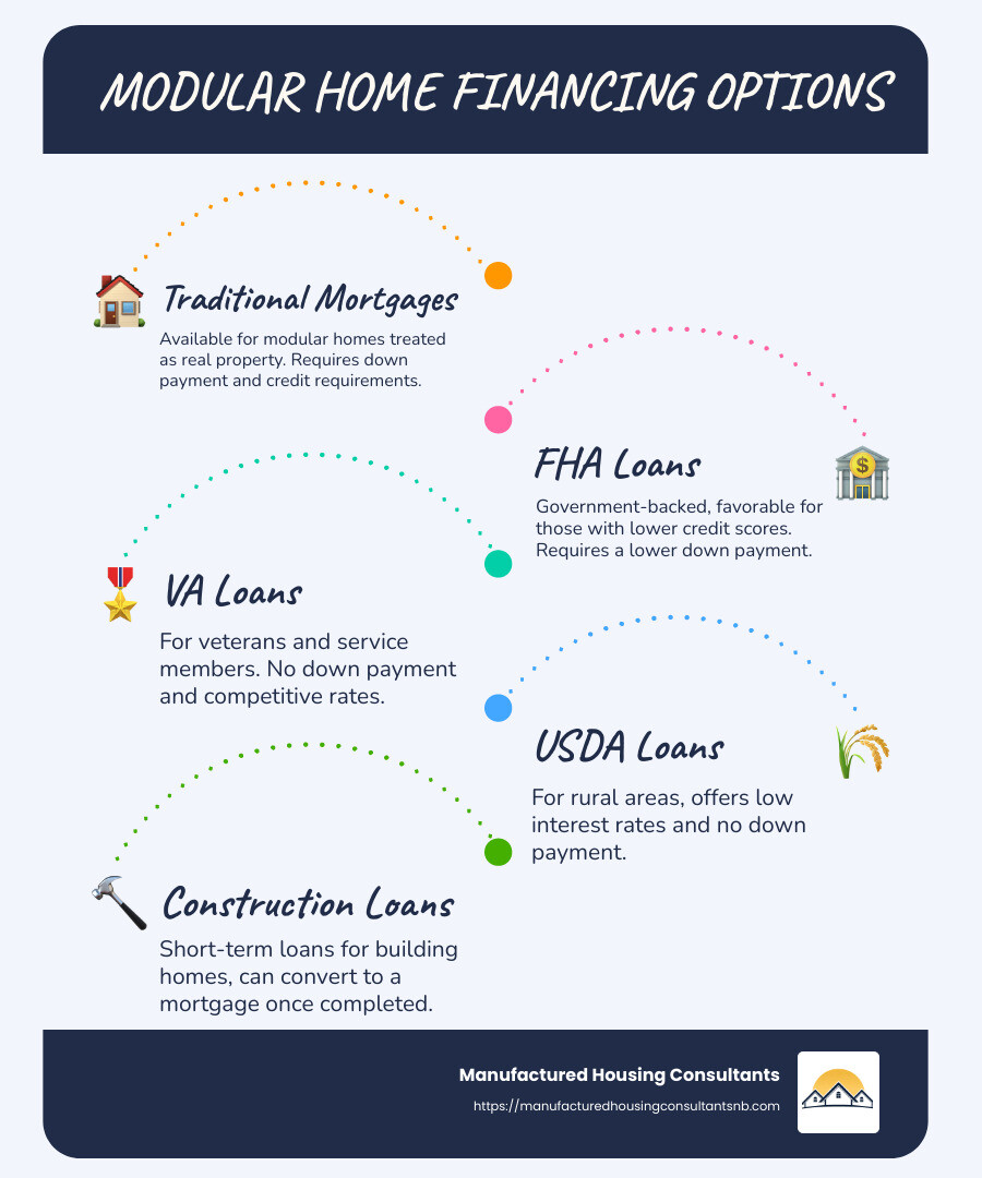 Infographic on modular home financing options overview - Financing for modular homes infographic infographic-line-5-steps-blues-accent_colors