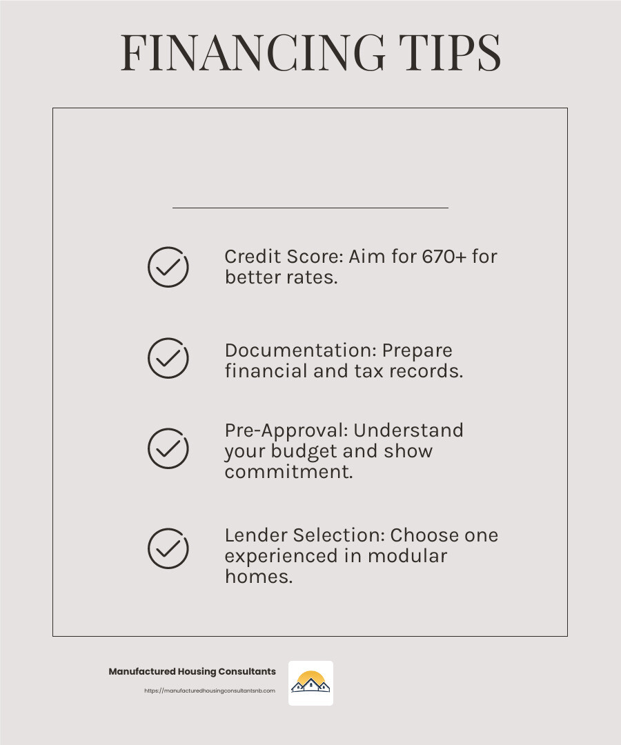 Understanding these key considerations can help you steer the financing process with confidence - Financing for modular homes infographic checklist-light-beige