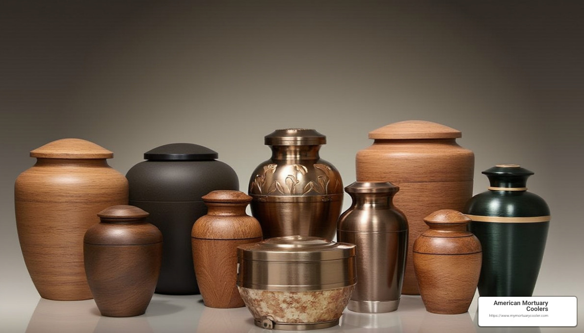 Cremation urns in various styles and materials - mortuary supply
