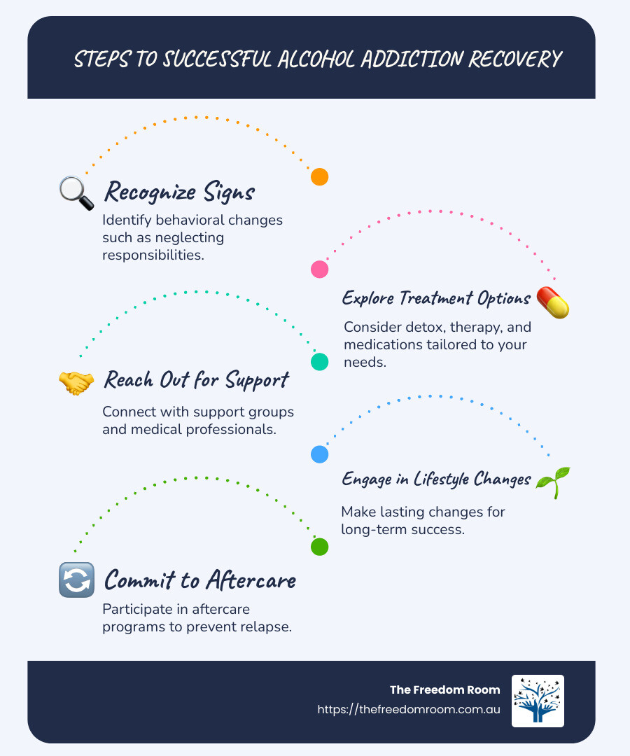 Detailed infographic with statistics and steps for successful alcohol addiction recovery treatment showing personal stories and diverse treatment options - alcohol addiction recovery infographic infographic-line-5-steps-blues-accent_colors