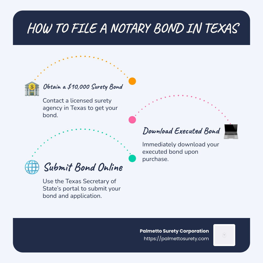 Infographic showing the step-by-step process to file a notary bond in texas, including obtaining a bond from a licensed agency, downloading the bond, and submitting it through the texas secretary of state's online portal - how to file a notary bond in texas infographic infographic-line-3-steps-blues-accent_colors Infographic showing the step-by-step process to file a notary bond in texas, including obtaining a bond from a licensed agency, downloading the bond, and submitting it through the texas secretary of state's online portal - how to file a notary bond in texas infographic infographic-line-3-steps-blues-accent_colors