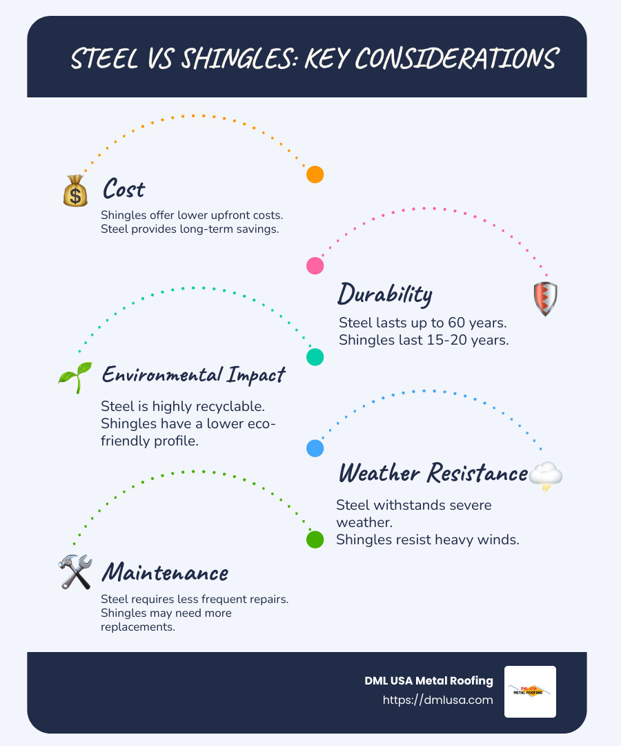 Detailed infographic comparing steel vs shingles: cost, durability, environmental impact, weather resistance, and maintenance, with icons for each category and visual scales indicating better and worse performance in each area - steel vs shingles infographic infographic-line-5-steps-blues-accent_colors