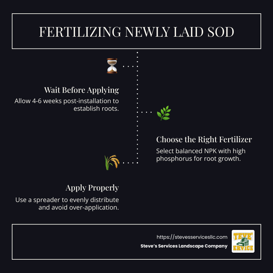 Infographic explaining the timing and benefits of fertilizing new sod - fertilizer should be applied to newly laid sod. infographic infographic-line-3-steps-dark