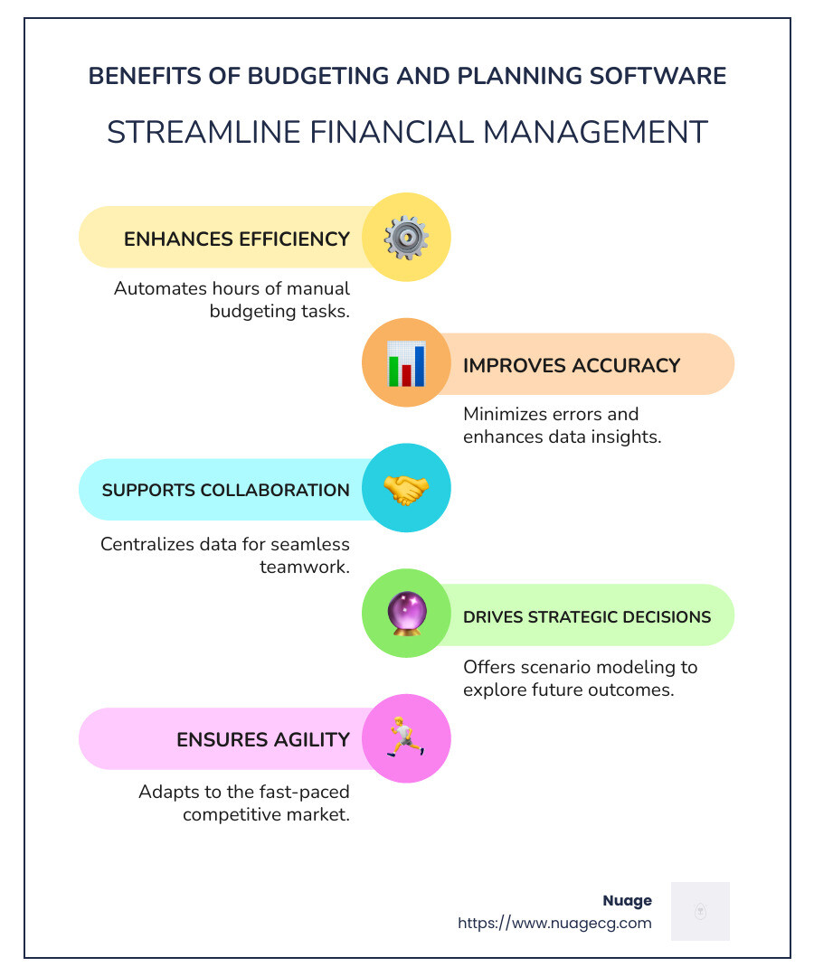 Infographic illustrating benefits of budgeting software for strategic growth - budgeting and planning software infographic infographic-line-5-steps-colors
