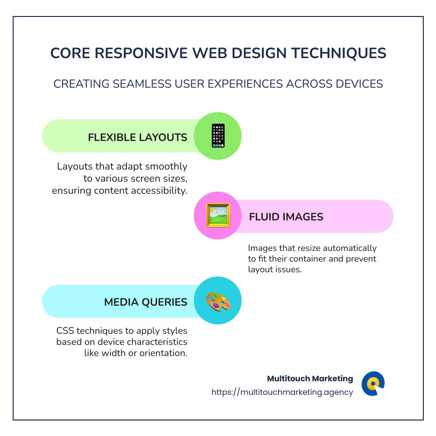 Detailed infographic on Responsive Web Design Techniques showing steps to improve usability across devices - responsive web design techniques infographic infographic-line-3-steps-colors