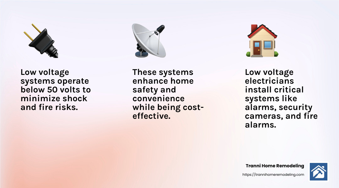 Low voltage systems are designed to be safe for everyday use. - low voltage electricians near me infographic 3_facts_emoji_light-gradient