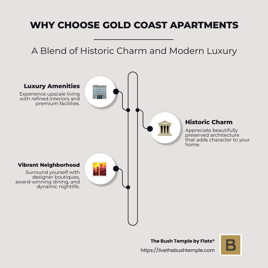 Infographic of Key Features of Gold Coast Apartments - Chicago Gold Coast apartments infographic infographic-line-3-steps-neat_beige
