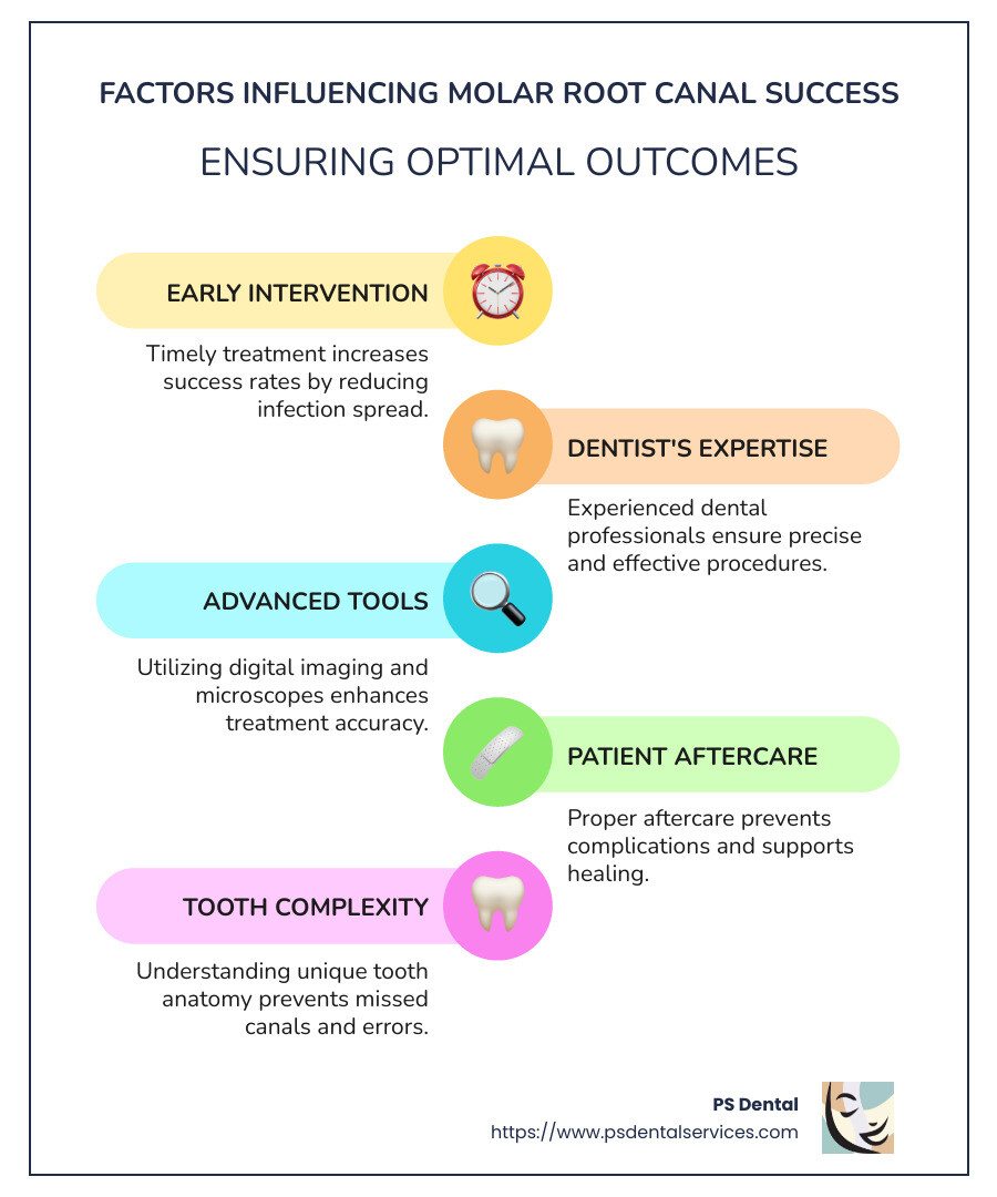 Infographic detailing factors influencing molar root canal success such as early intervention, dentist's expertise, patient aftercare, and tooth complexity, with percentages depicting success rates and survival statistics - Molar root canal success rate infographic infographic-line-5-steps-colors