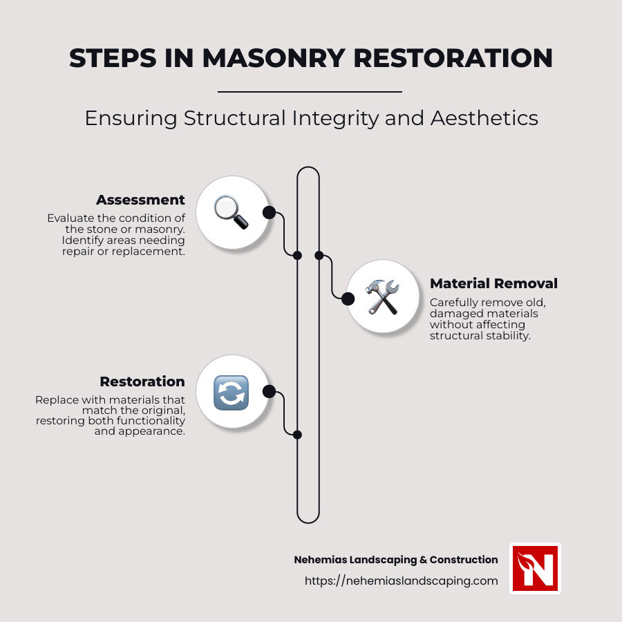 Infographic detailing steps of stone and masonry restoration process including assessment, removal of damaged materials, and replacement with matching materials - stone and masonry restoration infographic infographic-line-3-steps-neat_beige