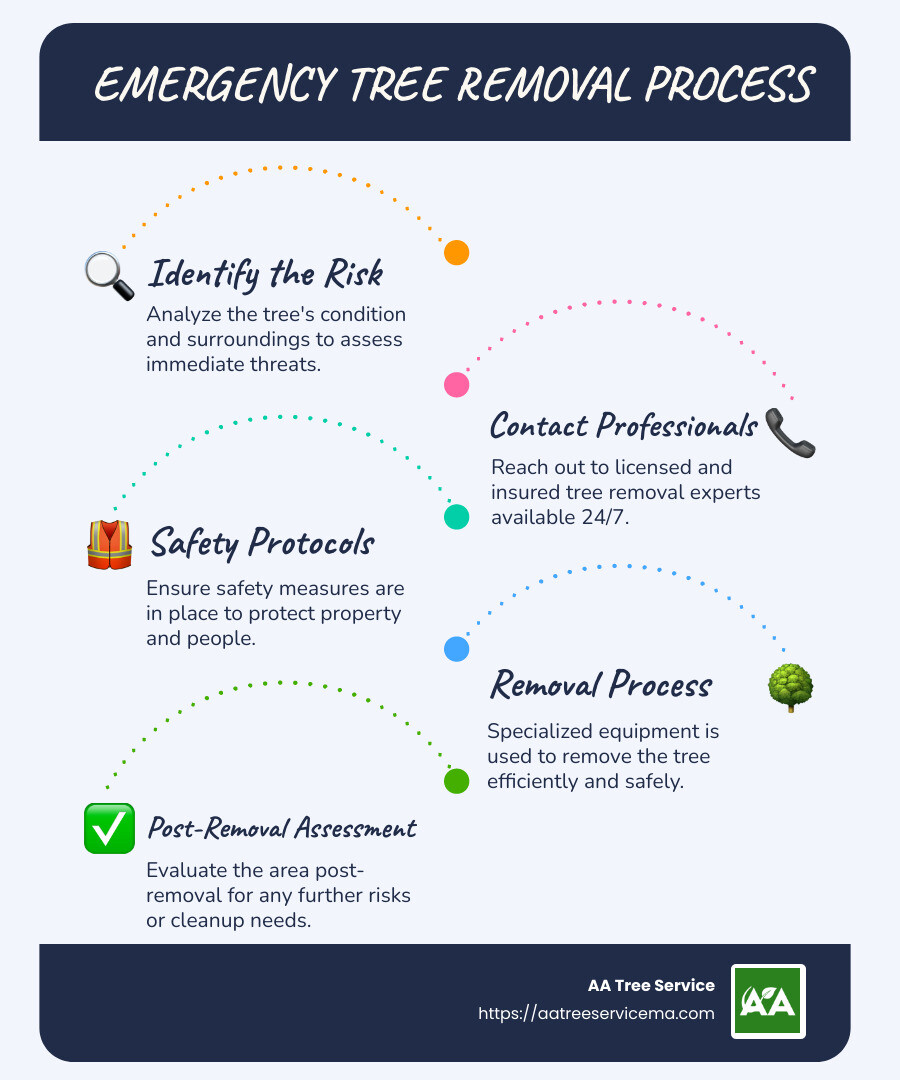 Infographic detailing emergency tree removal process including risk assessment, cost factors, and safety protocols - emergency tree removal service in arlington infographic infographic-line-5-steps-blues-accent_colors