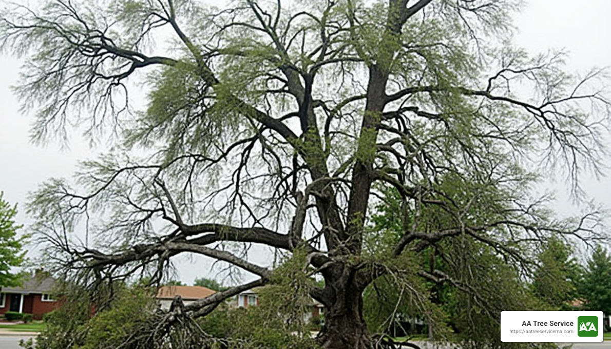 Storm-damaged tree with broken limbs - emergency tree removal service in arlington