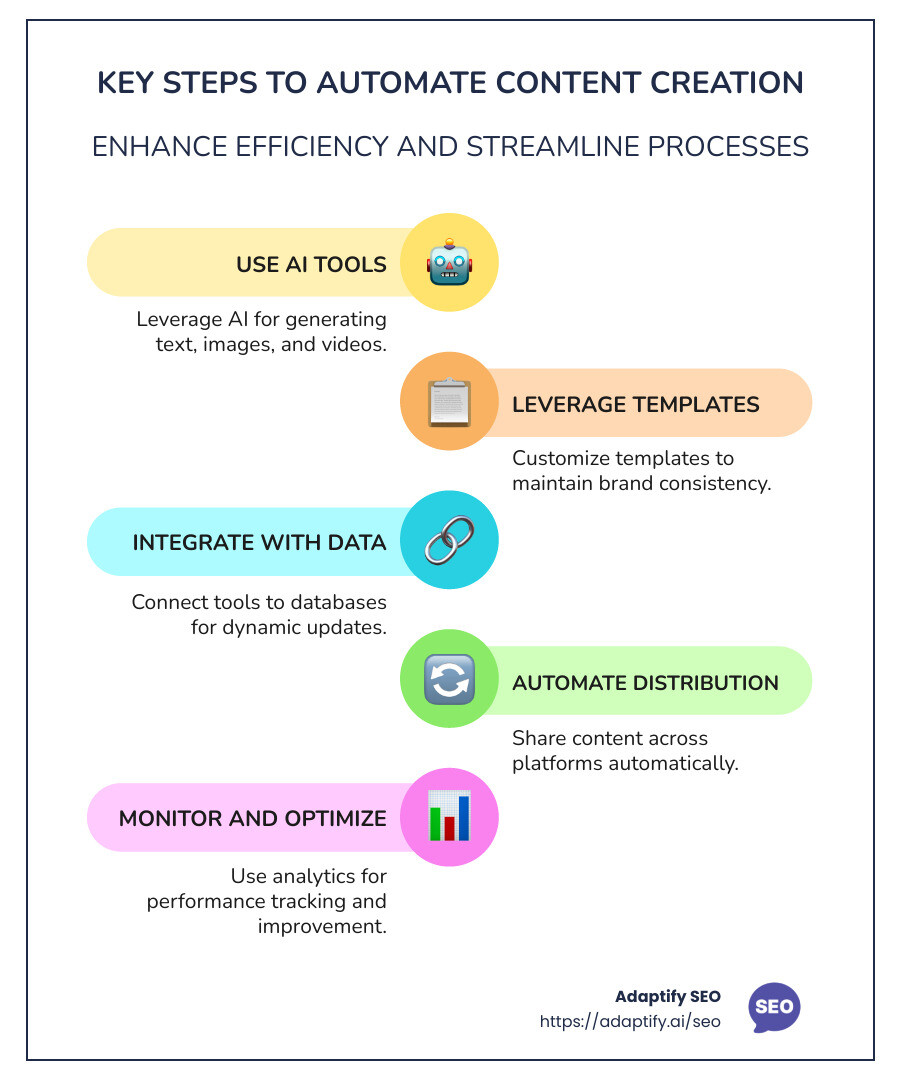 Infographic on key steps to automate content creation: AI tools, leveraging templates, integrating data, automating distribution, monitoring performance, ensuring quality and consistency - automate content creation infographic infographic-line-5-steps-colors