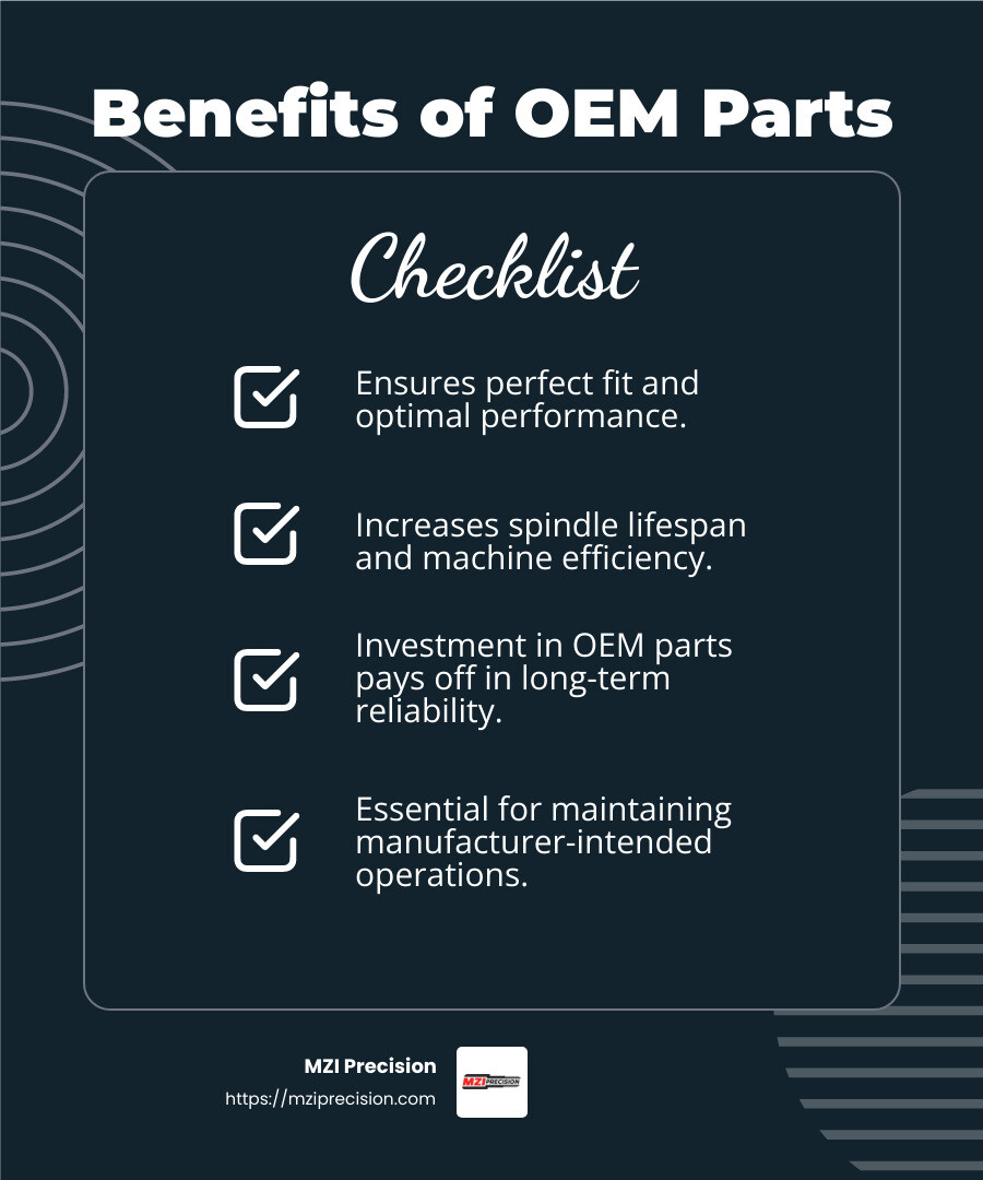 OEM parts ensure high-quality repairs - spindle repair businesses infographic checklist-dark-blue