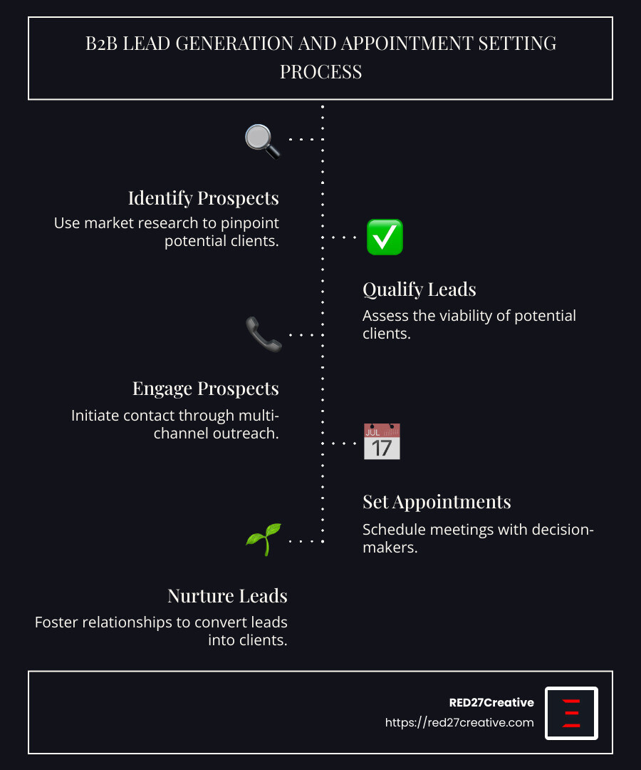 Infographic showcasing B2B lead generation process and benefits, including multi-channel outreach, targeted prospecting, and lead nurturing, highlighting how these elements contribute to successful appointment setting and sales conversion. - b2b lead generation and appointment setting services infographic infographic-line-5-steps-dark Infographic showcasing B2B lead generation process and benefits, including multi-channel outreach, targeted prospecting, and lead nurturing, highlighting how these elements contribute to successful appointment setting and sales conversion. - b2b lead generation and appointment setting services infographic infographic-line-5-steps-dark
