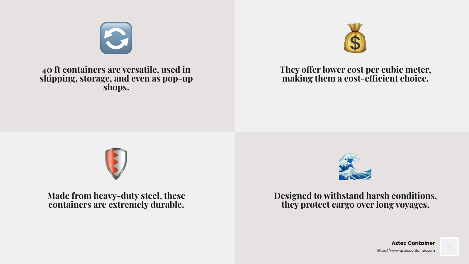 Durability and Security of 40 ft Containers - 40 ft ocean container infographic 4_facts_emoji_grey