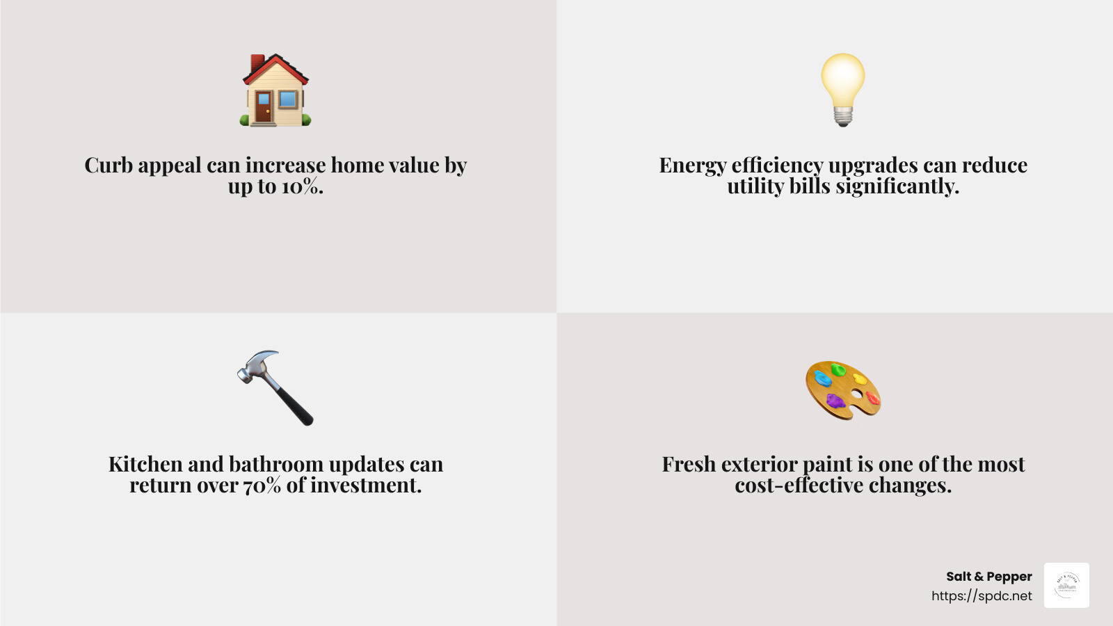 Curb appeal is essential for property value and overall aesthetics. - complete home changes infographic 4_facts_emoji_grey