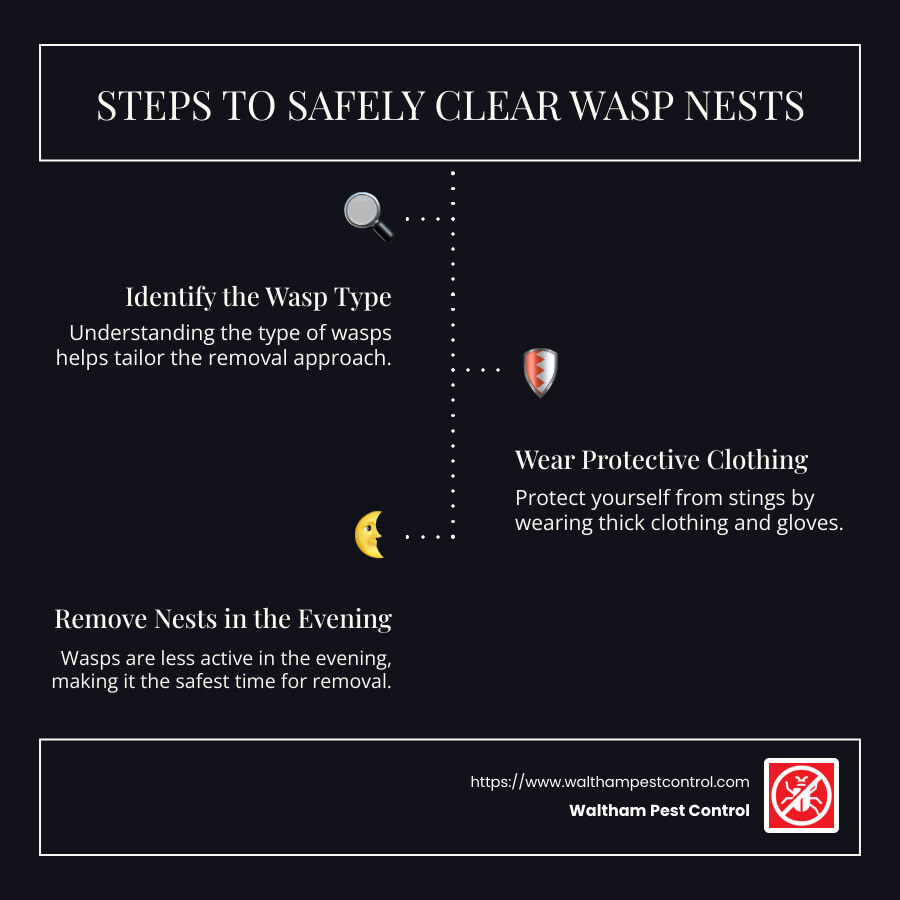 Detailed steps for safely removing wasp nests - clearing wasps nests infographic infographic-line-3-steps-dark