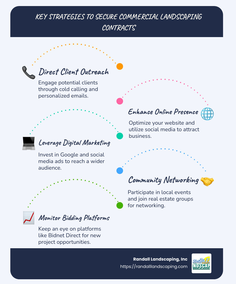 Infographic: Strategies for Securing Landscaper Contracts – Reach-out techniques, Online presence, Networking, Bidding platforms, Digital ads, with icons for each - how to get commercial landscaping contracts infographic infographic-line-5-steps-blues-accent_colors