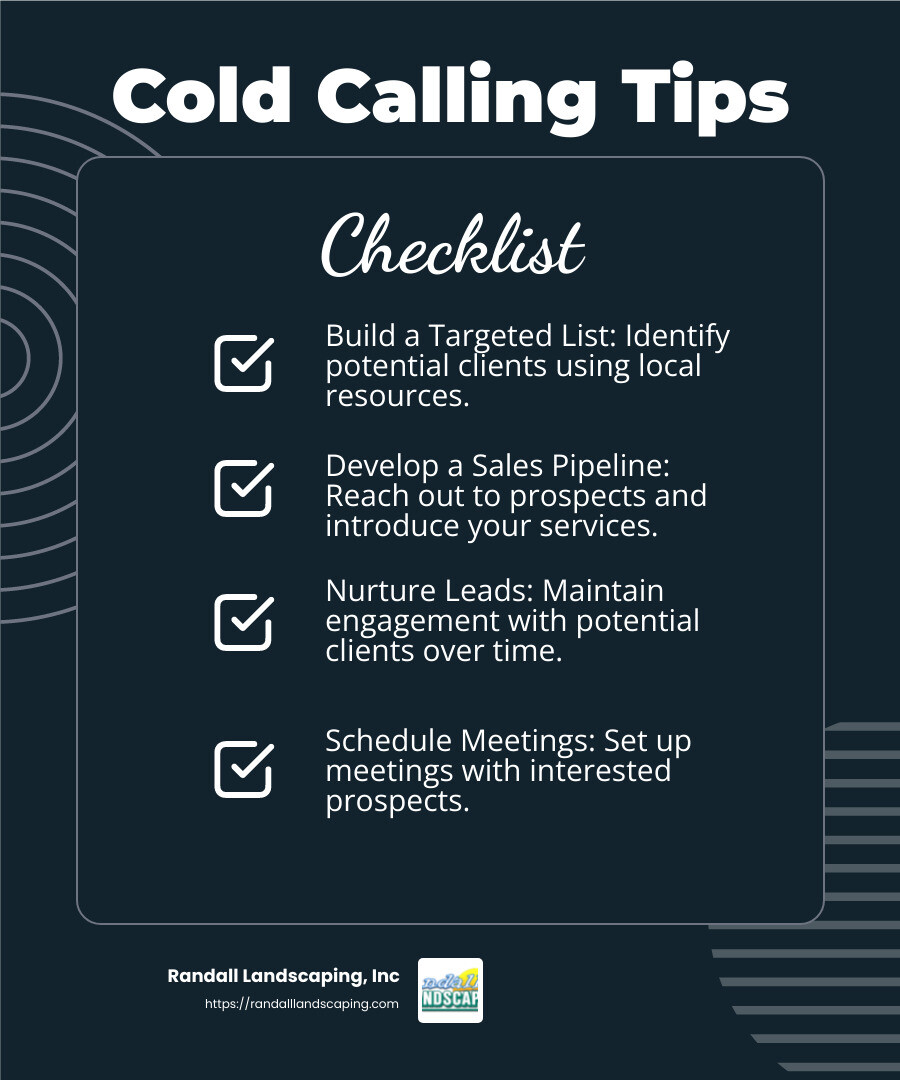 Cold calling can be a numbers game, but persistence pays off. - how to get commercial landscaping contracts infographic checklist-dark-blue