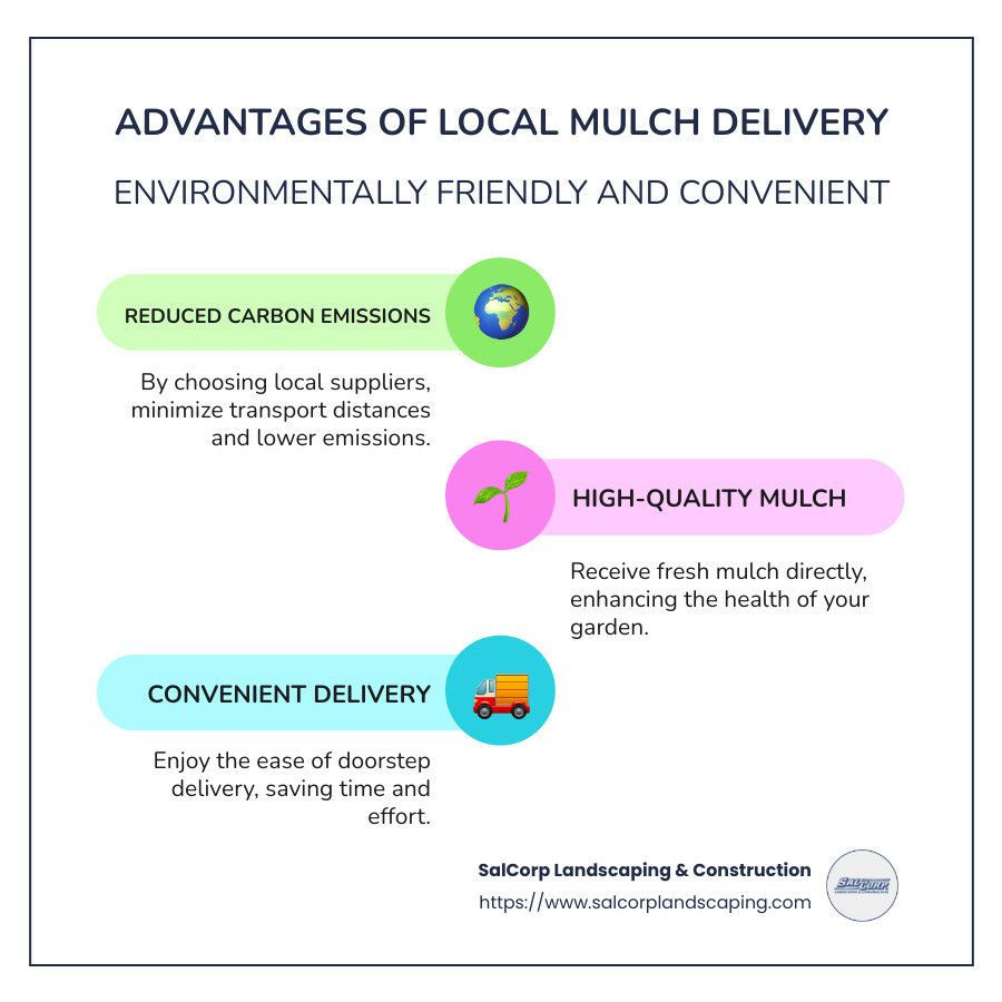 Infographic exploring the advantages of local mulch delivery, focusing on the environmental benefits and convenience of receiving fresher materials while reducing carbon emissions through shorter transport distances. - local mulch delivery infographic infographic-line-3-steps-colors