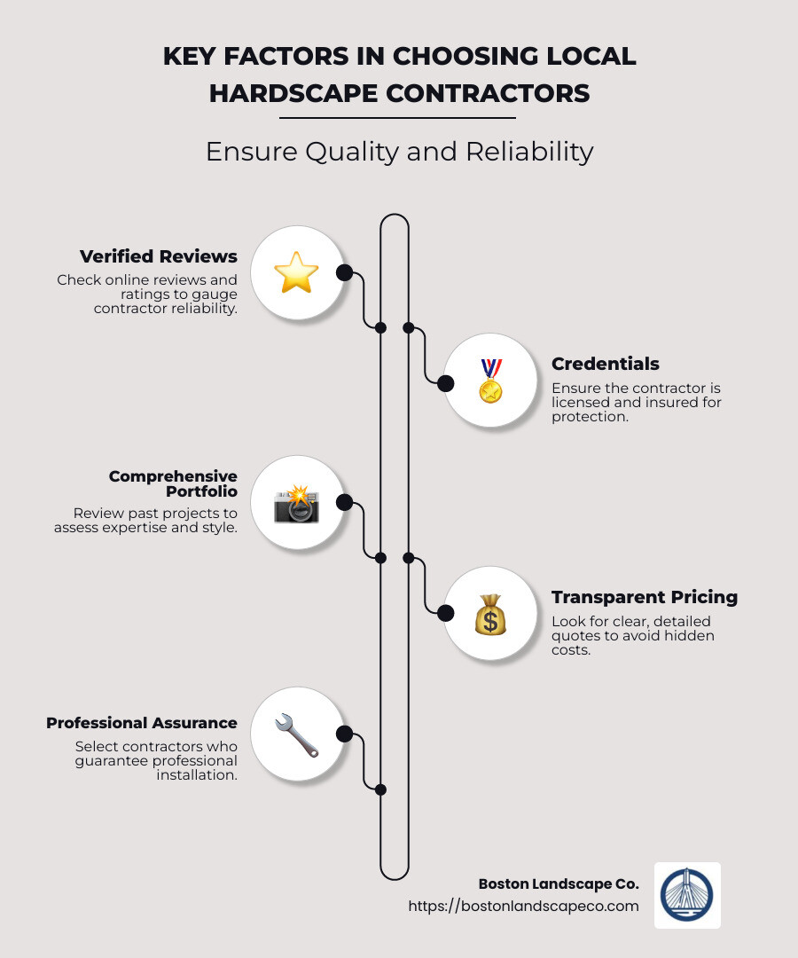 Key factors in choosing local hardscape contractors: reviews, credentials, portfolio, pricing, licensing, and insurance - Local hardscape contractors infographic infographic-line-5-steps-neat_beige
