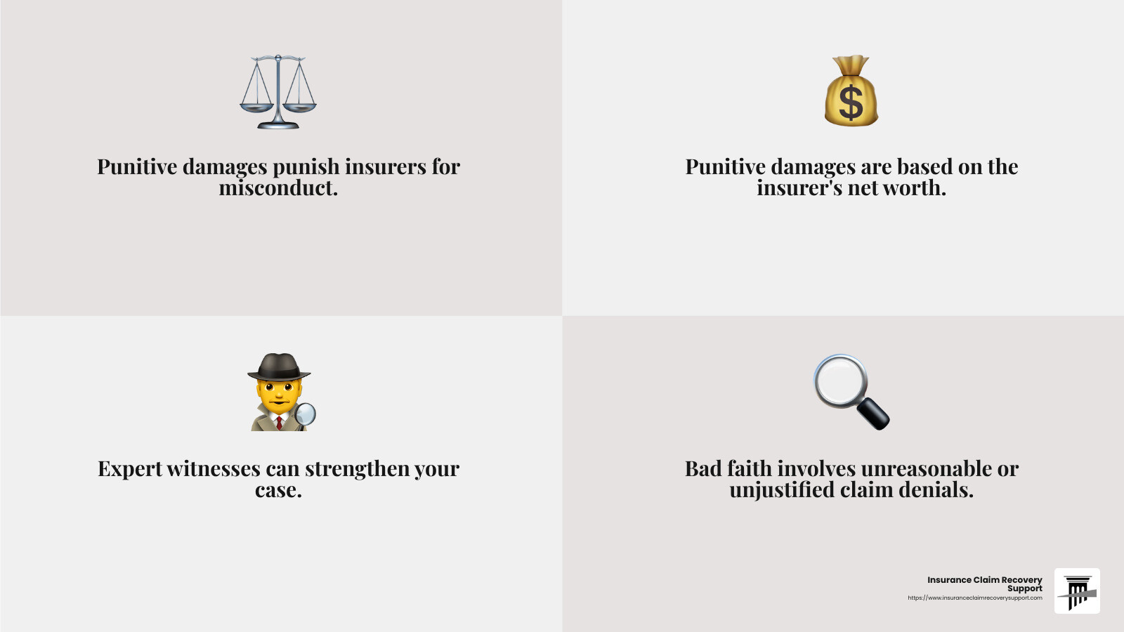Punitive damages can be substantial, serving as a deterrent against unfair practices. - tornado insurance claim denial infographic 4_facts_emoji_grey