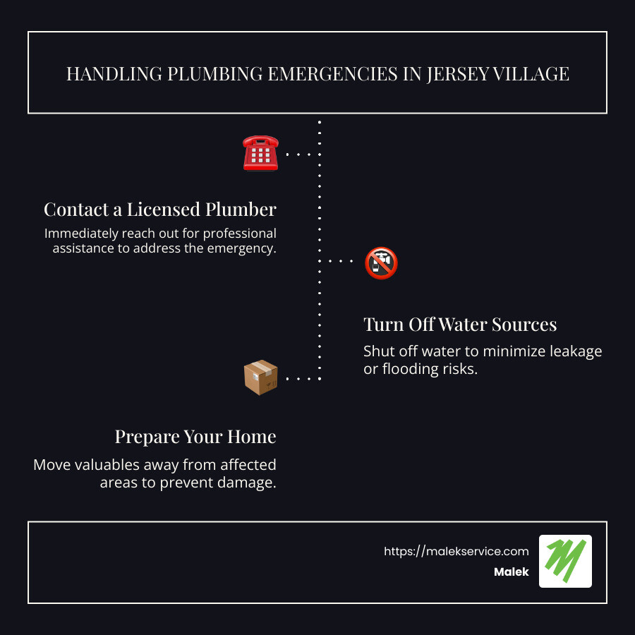 Step-by-step infographic on handling plumbing emergencies - emergency plumbing jersey village infographic infographic-line-3-steps-dark