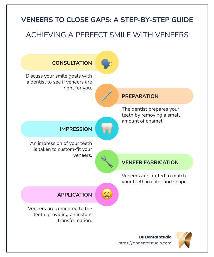 Infographic detailing veneers to close gaps process, steps, and outcomes - veneers to close gaps infographic infographic-line-5-steps-colors