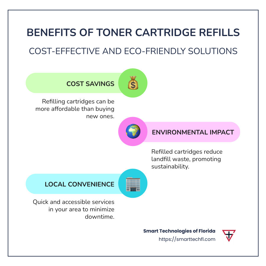 Toner cartridge refill benefits infographic - toner cartridge refill near me infographic infographic-line-3-steps-colors