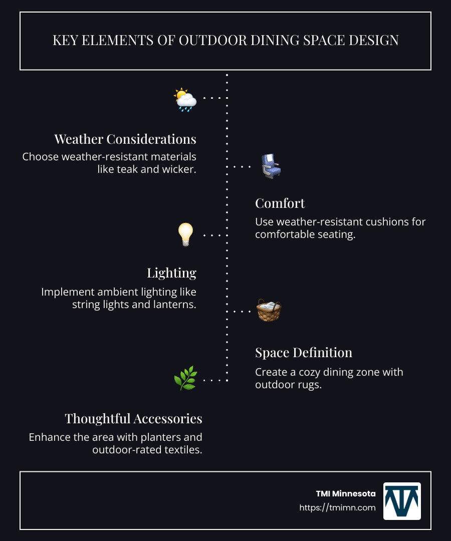 Key elements of outdoor dining space design infographic - outdoor dining space design infographic infographic-line-5-steps-dark