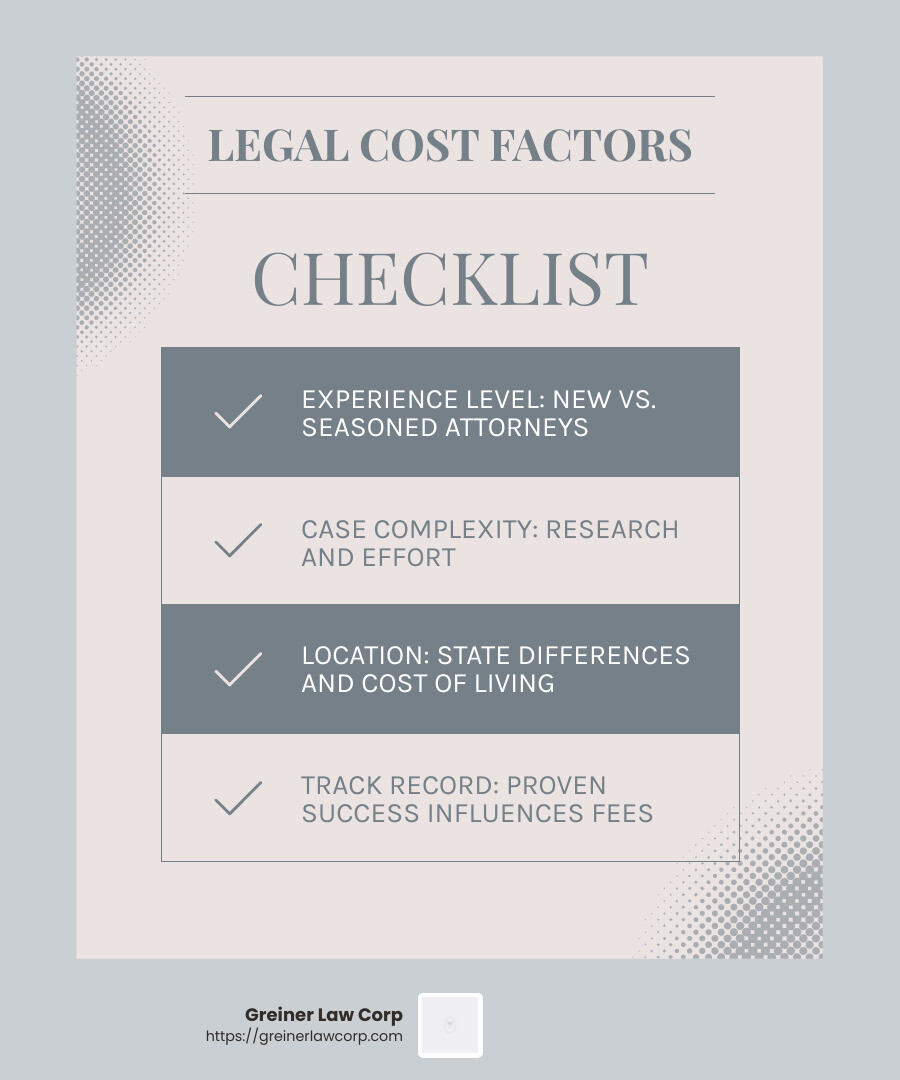 Understanding these factors can help you anticipate legal costs more accurately - how much does a lawyer cost infographic checklist-light-blue-grey