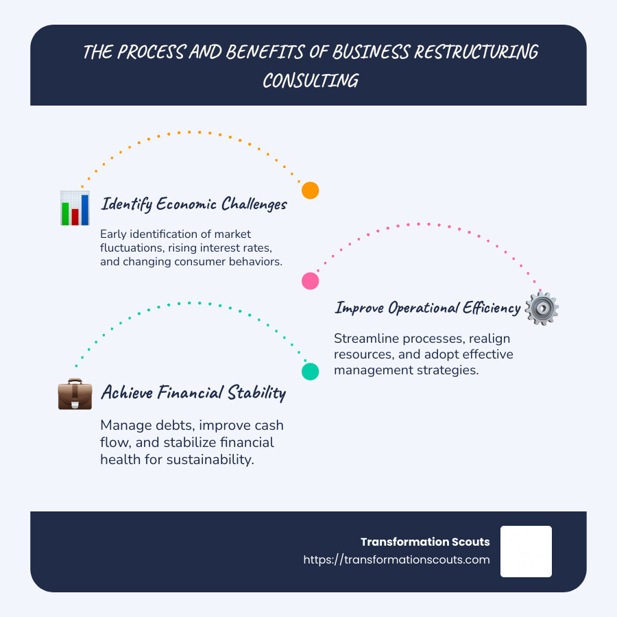 Infographic showing the process and benefits of business restructuring consulting: identifying economic challenges, improving operational efficiency, and achieving financial stability - business restructuring consulting services infographic infographic-line-3-steps-blues-accent_colors